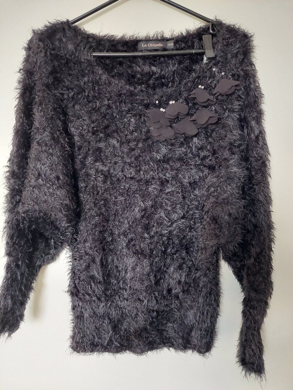 La Chapelle Women's Sz S Black Fuzzy Textured Sweater